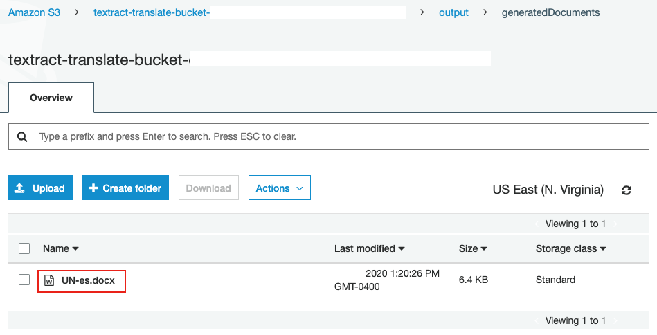 screenshot of S3 bucket output folder where translated document is located.