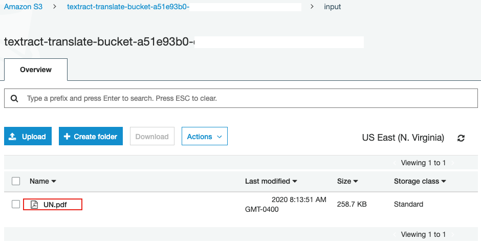screenshot of S3 bucket uploaded with the document for translation