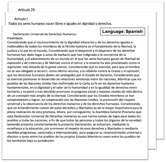 screenshot of a input sample scanned document (UN Declaration of Human Rights) translated from English to Spanish as output