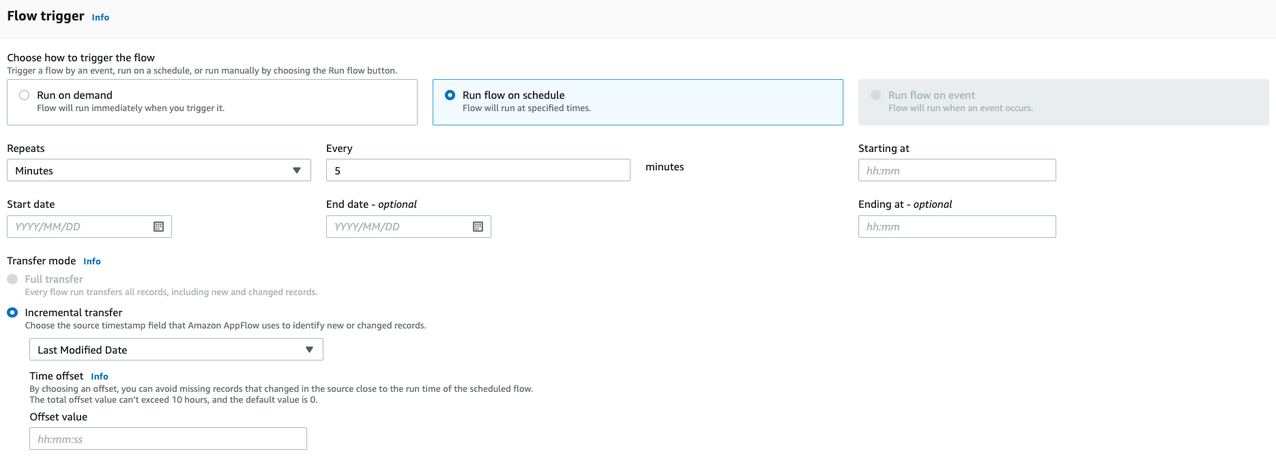 Amazon AppFlow flow trigger on schedule options