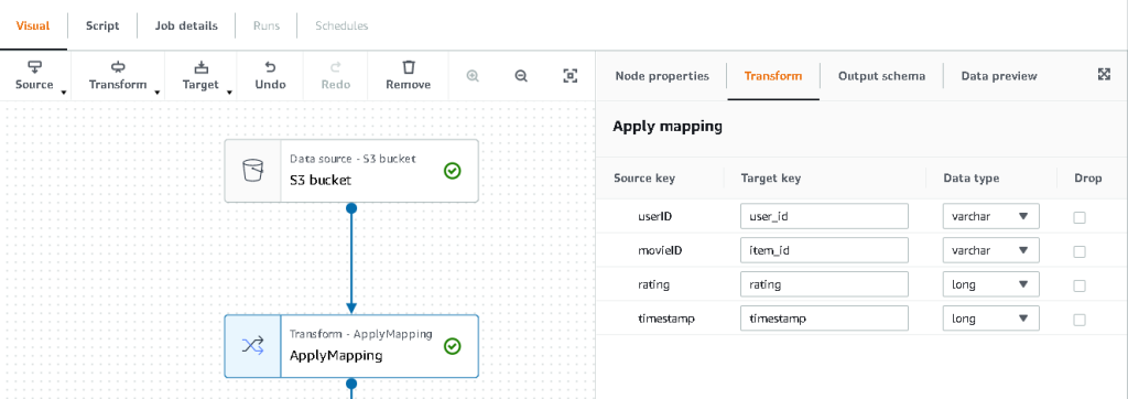 AWS Glue Studio - Field mapping
