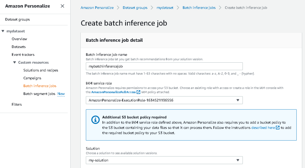 Amazon Personalize - create batch inference job
