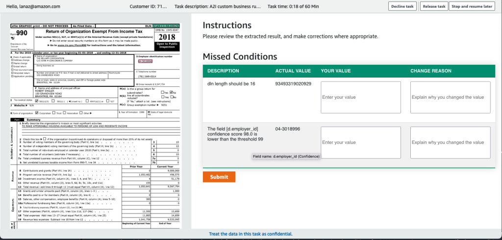 Customized A2I review UI