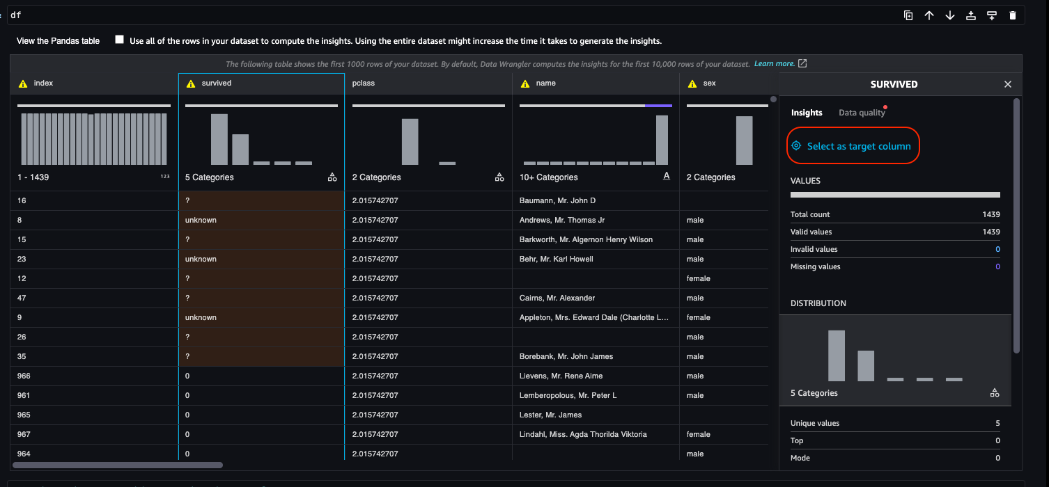 select as target column