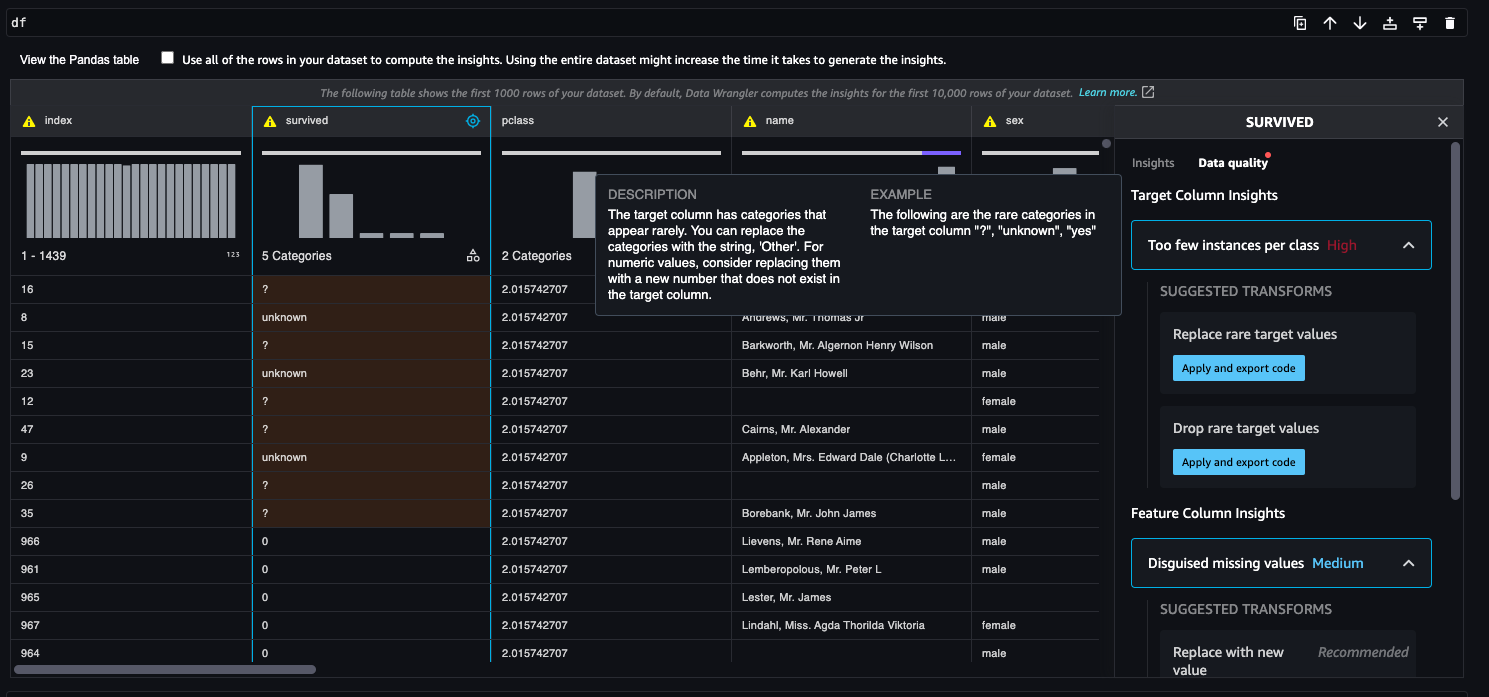 target column insights with recommendations