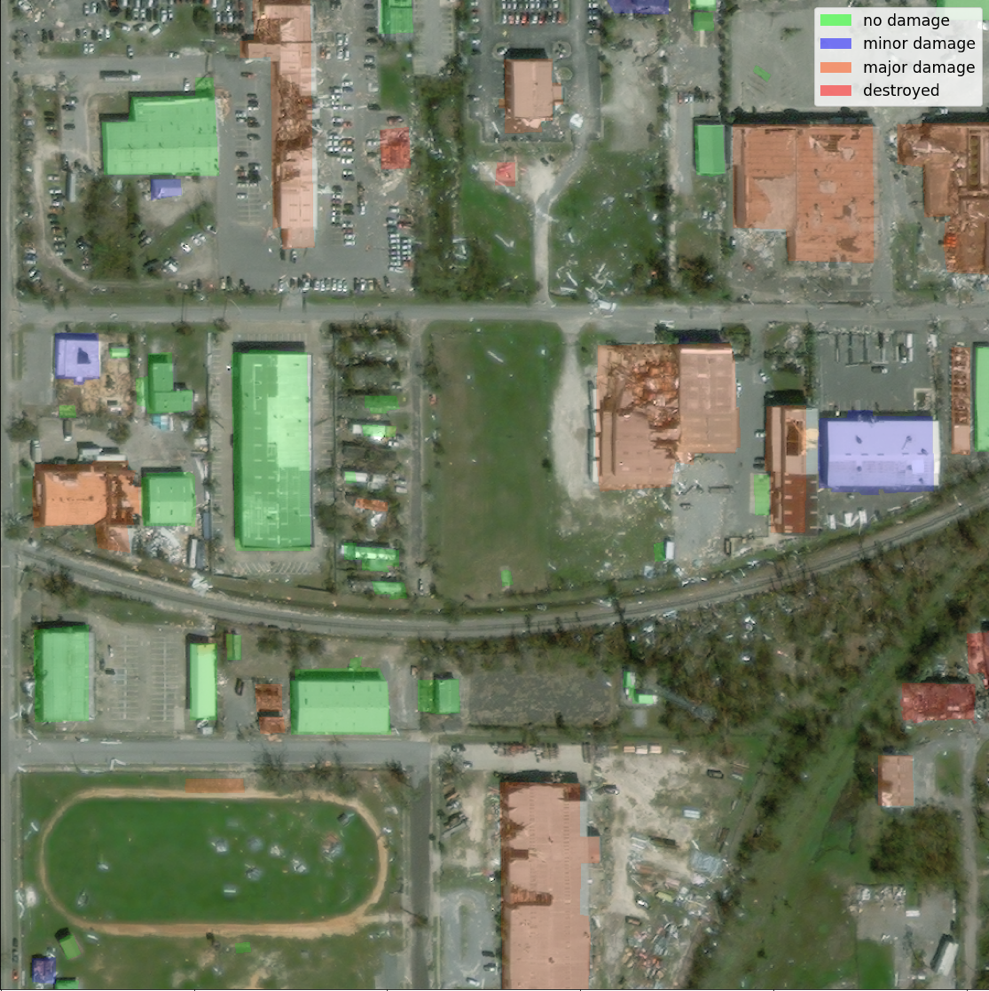 post-disaster image with the building damage segmentation mask overlayed