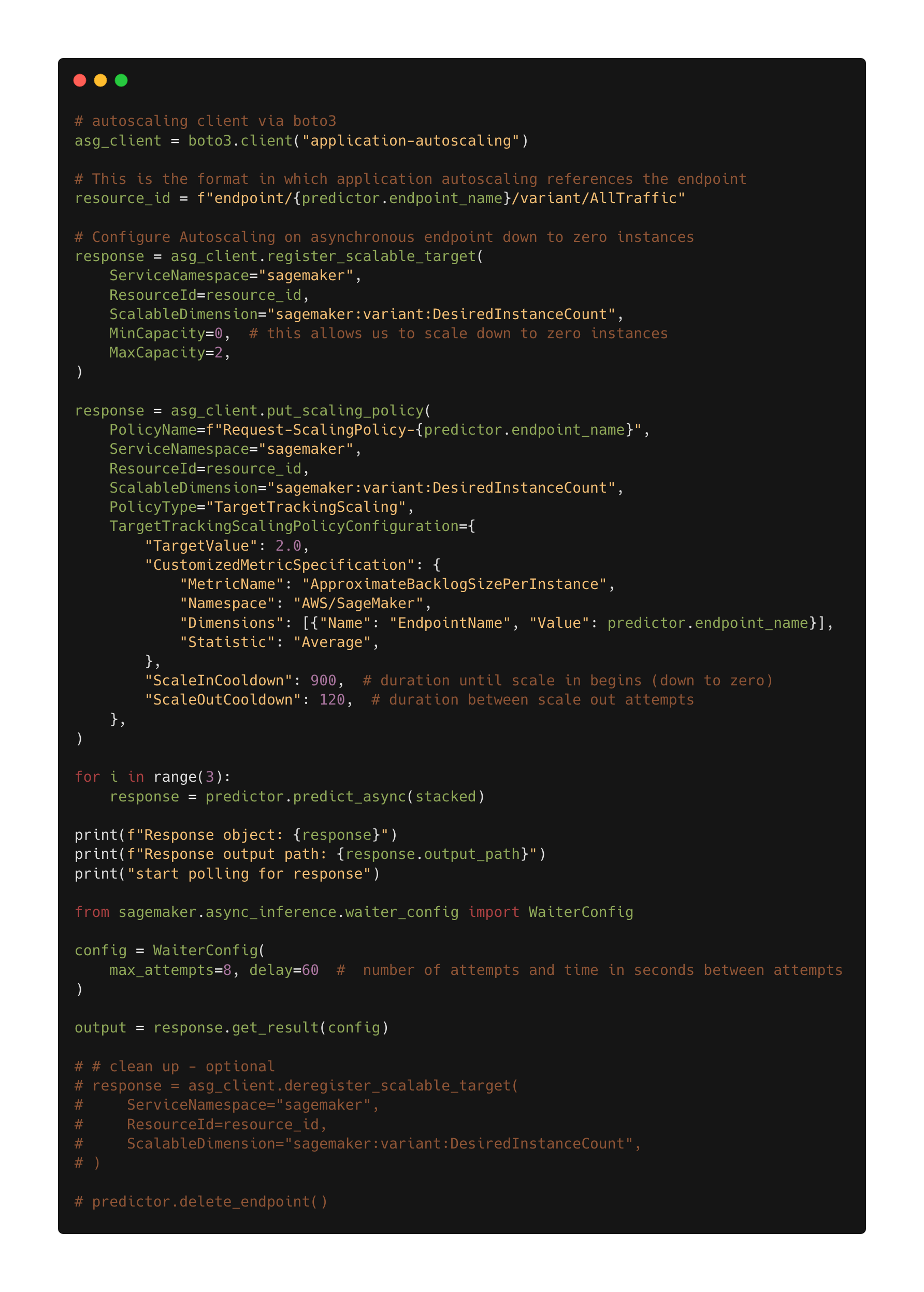 The following figure shows the code for the auto scaling policy for the asynchronous inference endpoint.