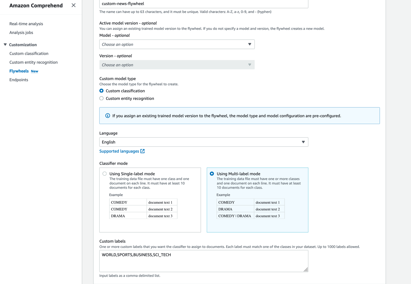 For Custom labels, enter BUSINESS,SCI_TECH,SPORTS,WORLD.