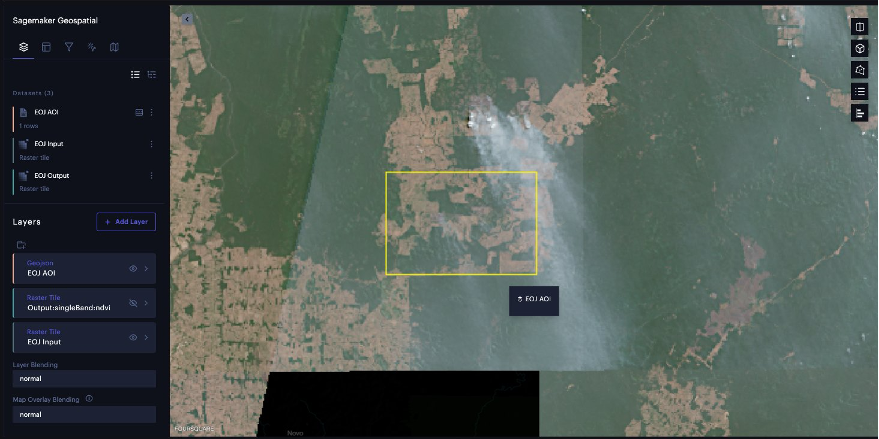 Agricultural regions are clearly visible against dark green natural rainforest