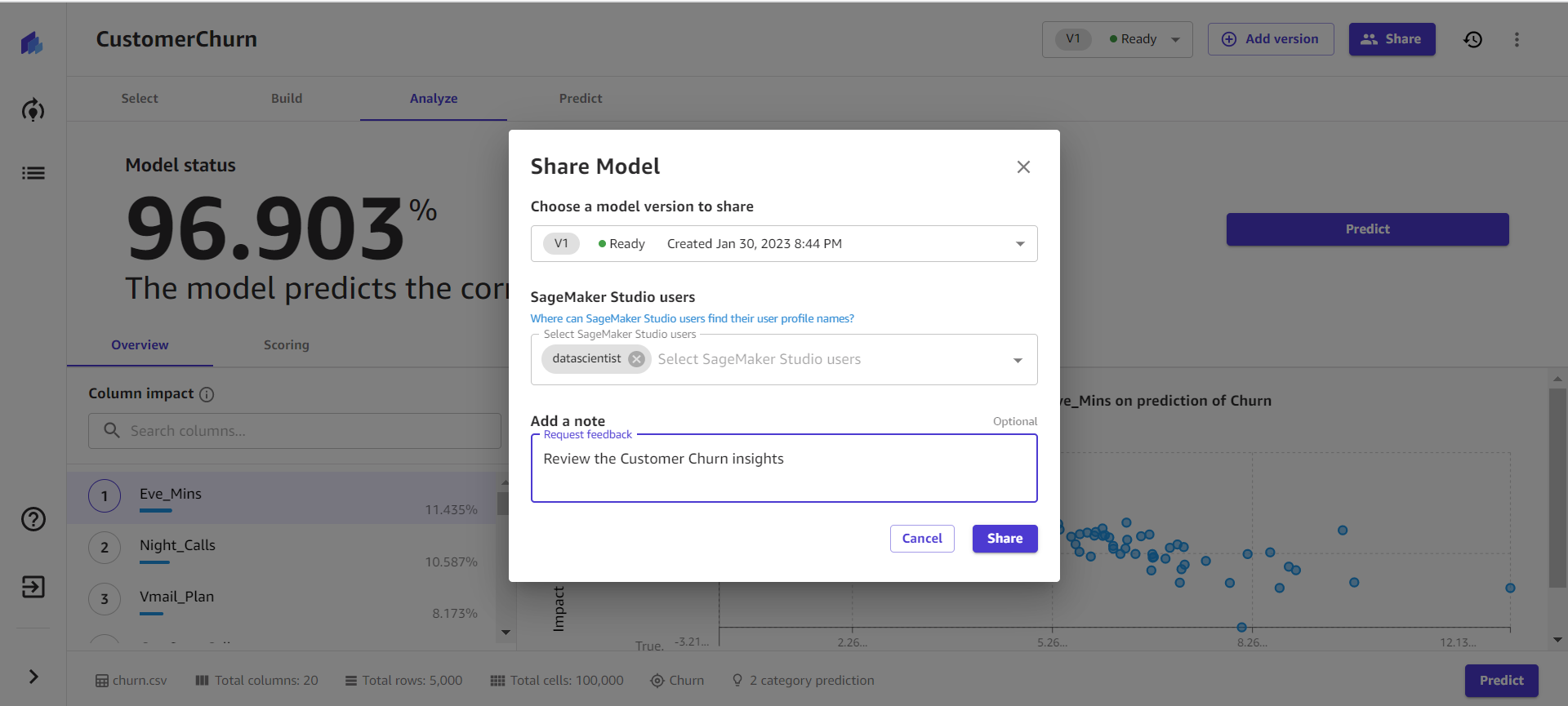Share the trained model from the Analyze tab