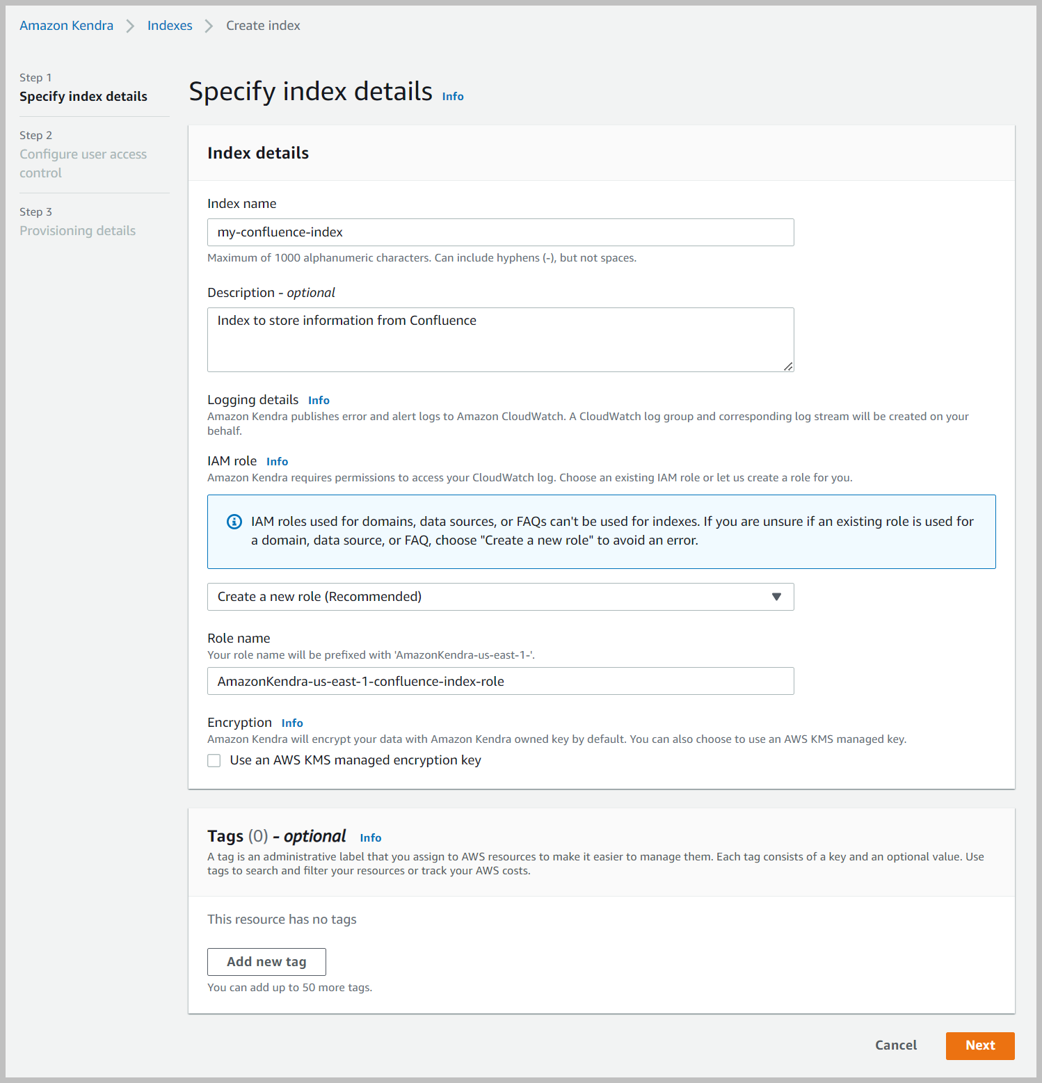 specify index details