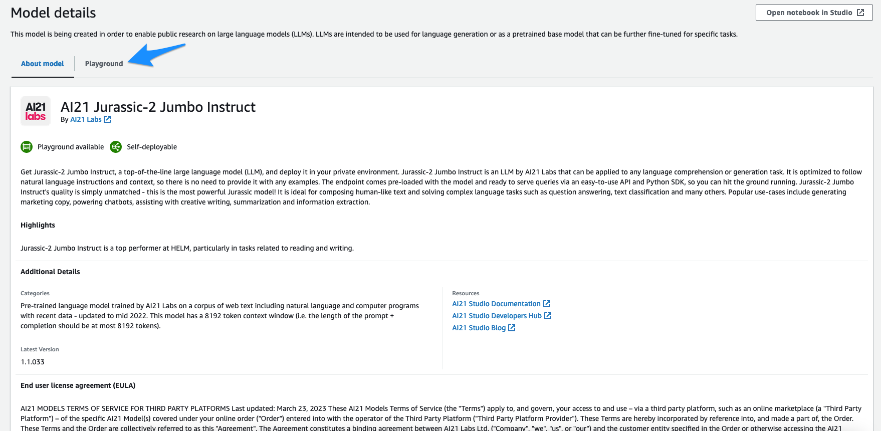 AI21 Jurassic-2 Jumbo Instruct - choose playground