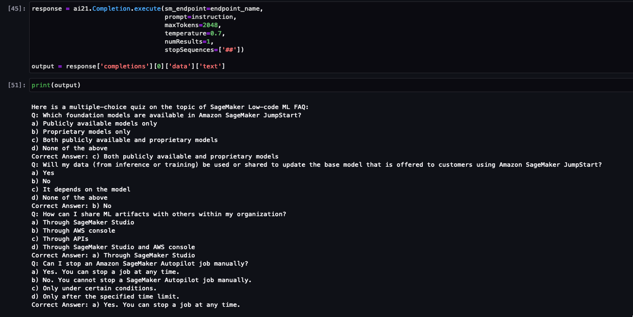 AI21 Jurassic-2 Jumbo Instruct endpoint prompt output