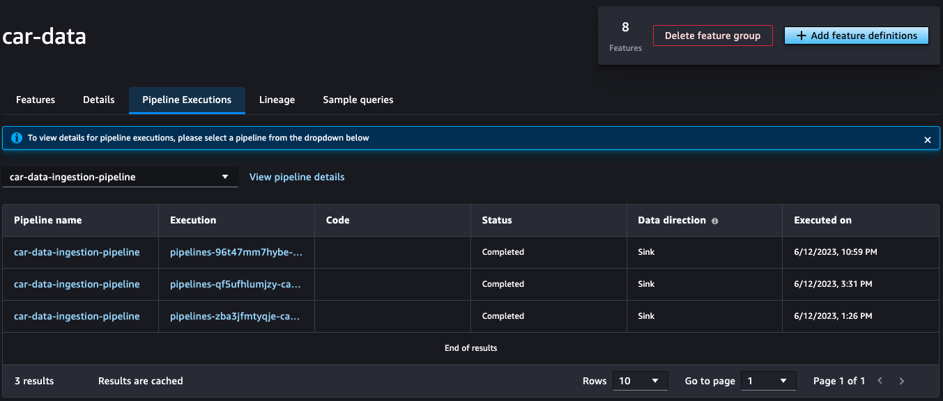 Image shows the Sagemaker Feature group tab of the pipeline executions