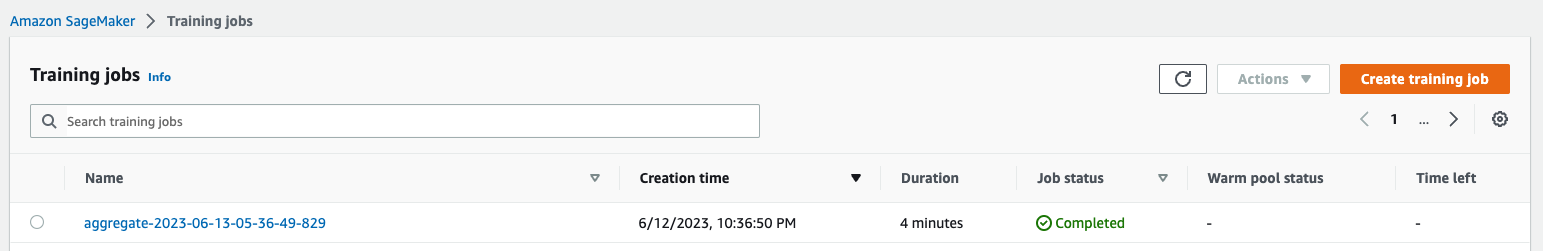 Image shows the Sagemaker training job