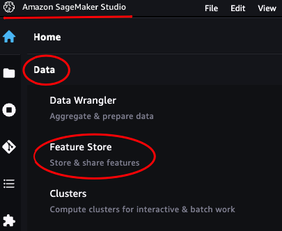 Image of Sagemaker Studio home highliting data