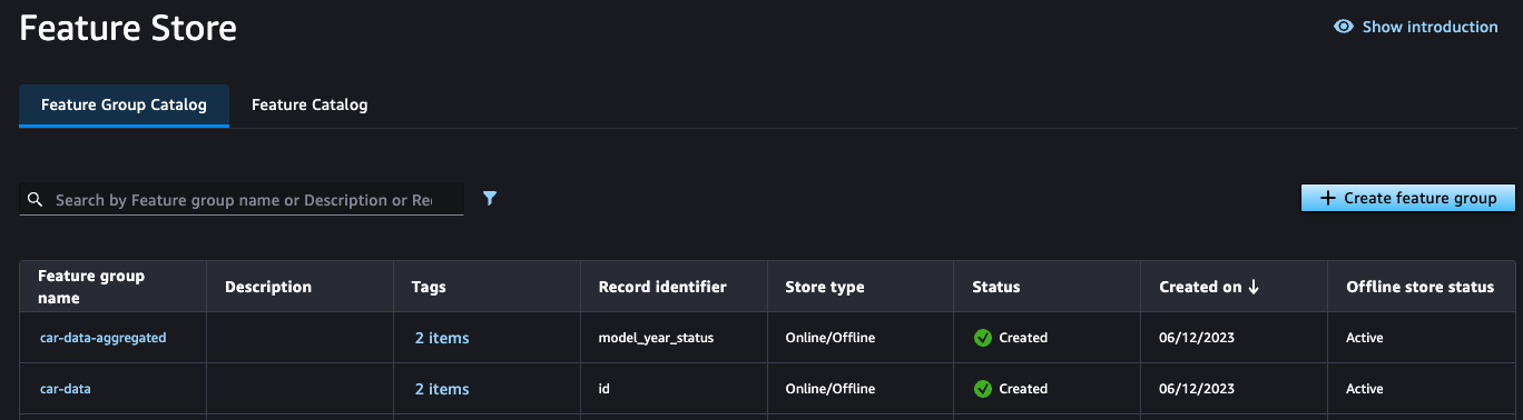 Image of Sagemaker Studio with feature groups created