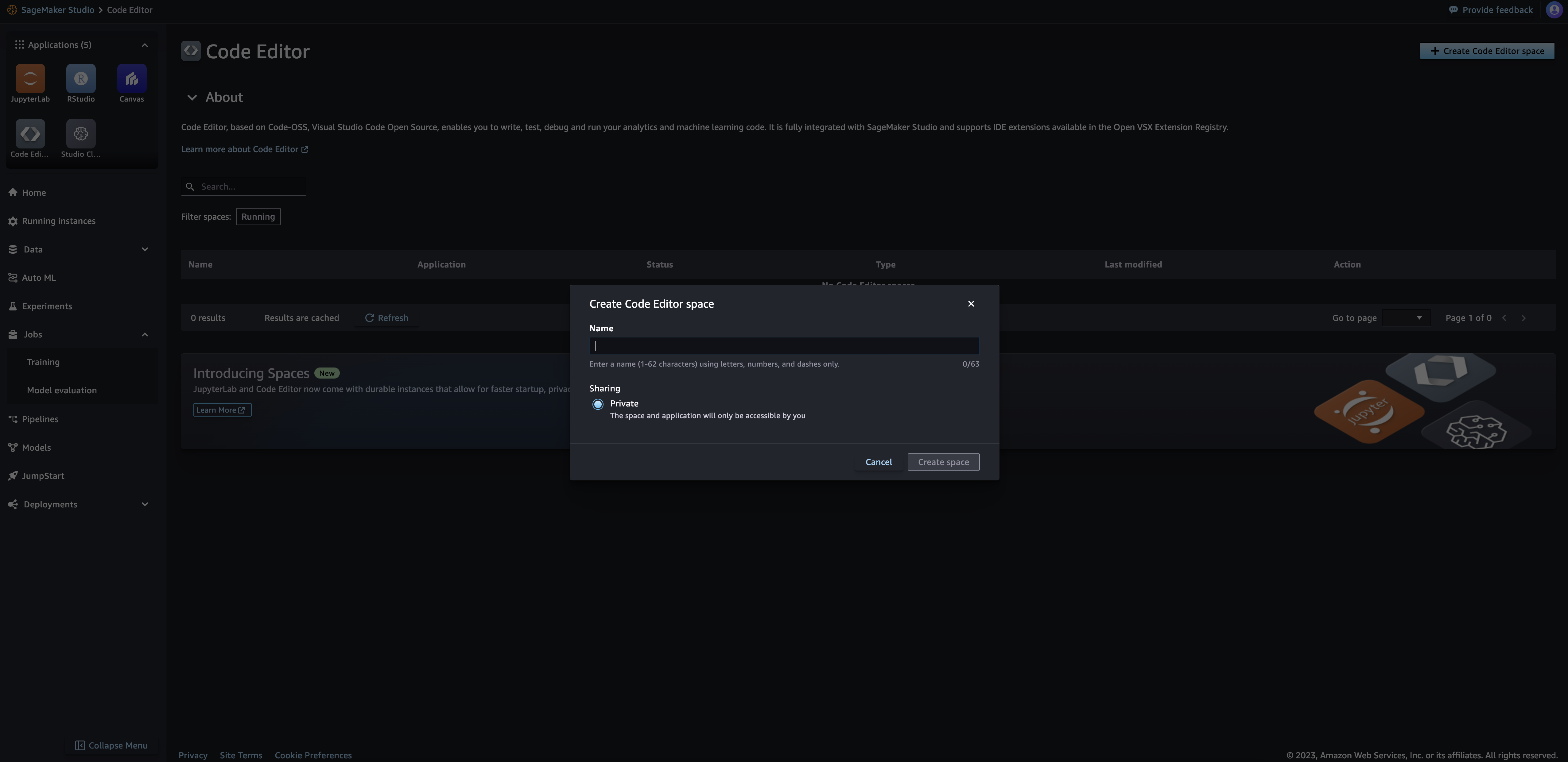Create Code Editor private space