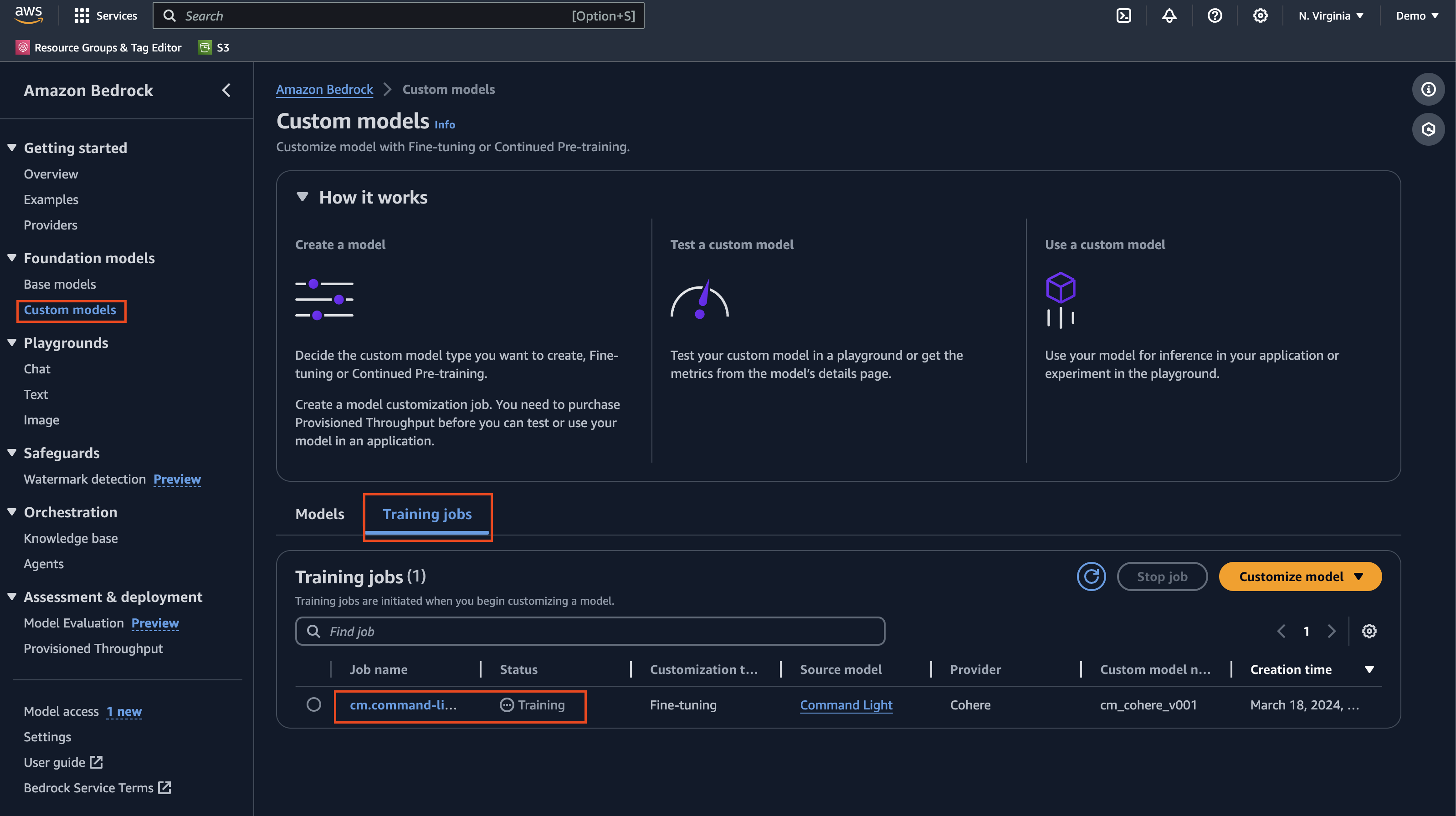 Screenshot of Amazon Bedrock Console training a custom model
