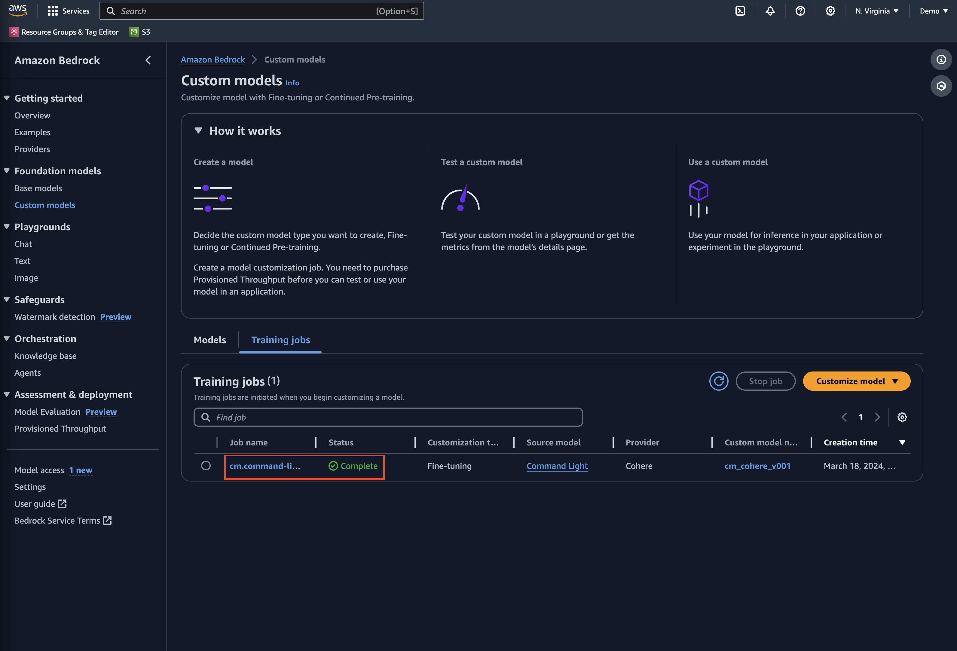 Screenshot of Amazon Bedrock Console displaying a custom model training job in 'completed' status.
