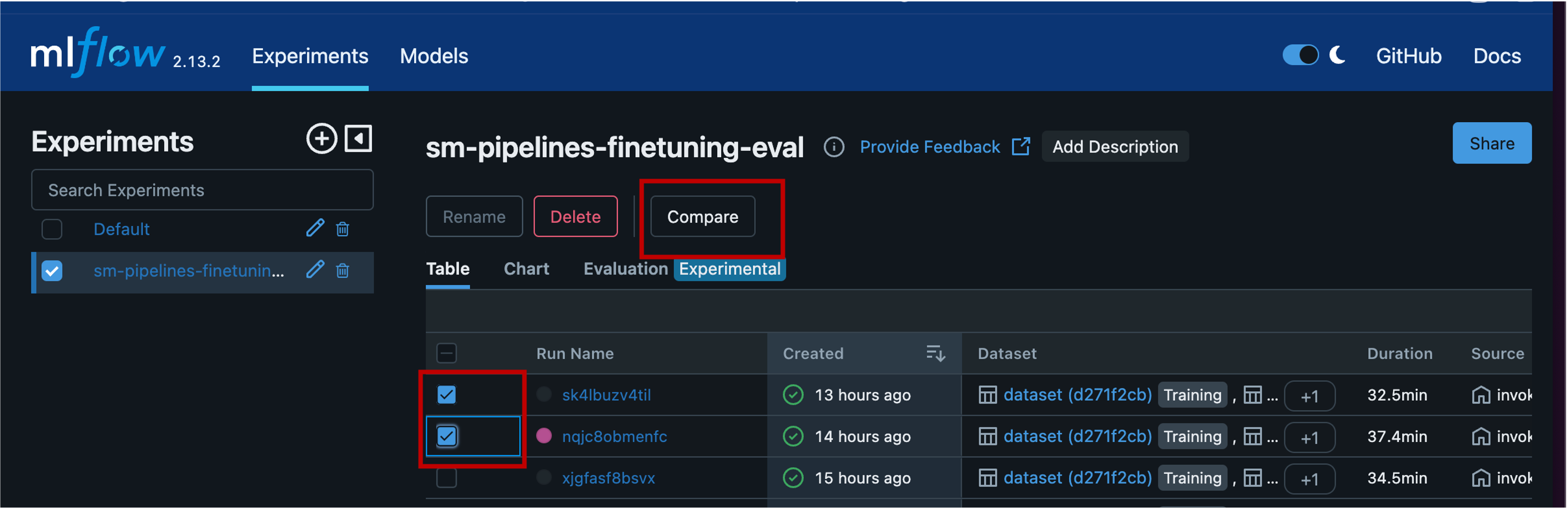 Select runs in experiment to compare