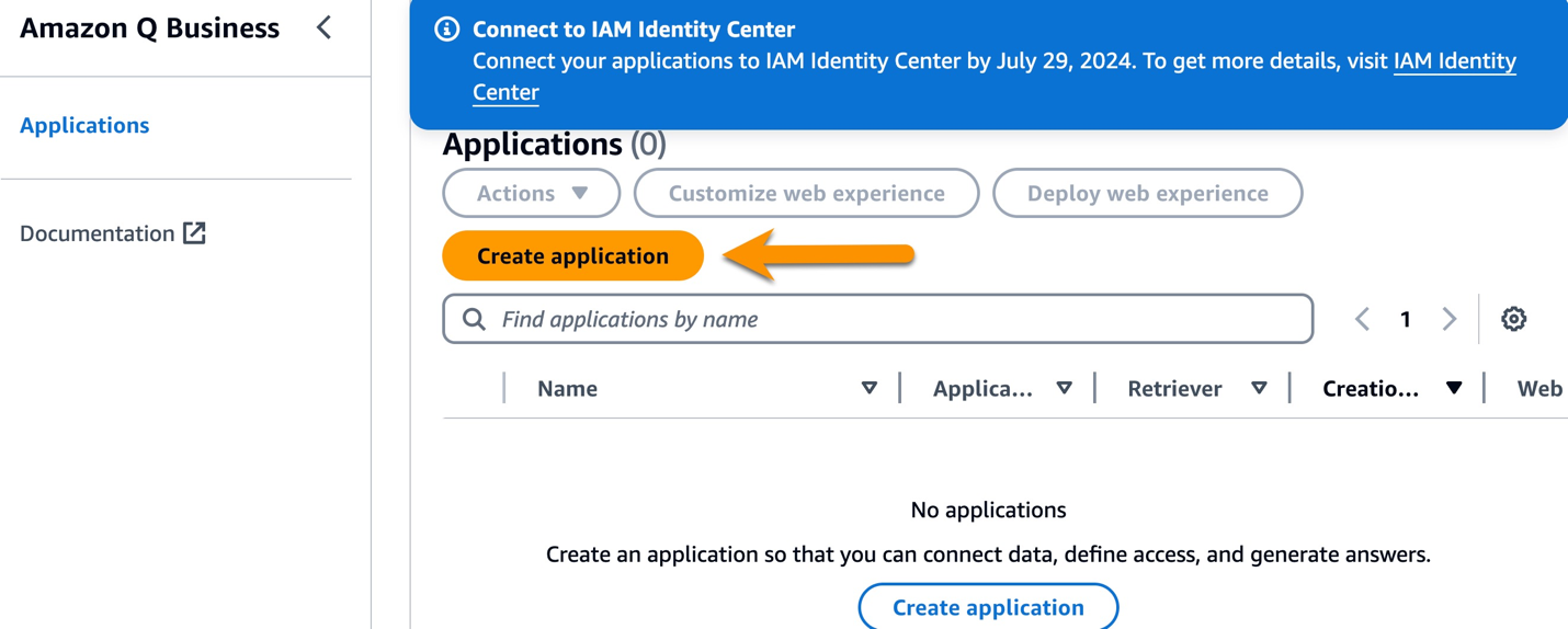 In the Q Home Screen, select "create application" to initiate the process