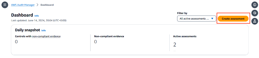 Choose Create Assessment on the AWS Audit Manager dashboard