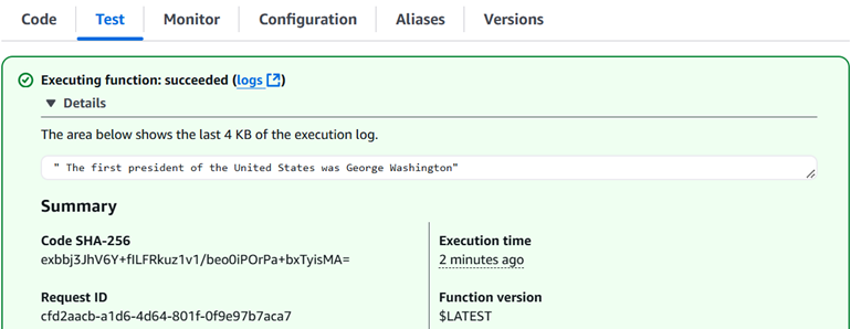 Lambda Test Event Result