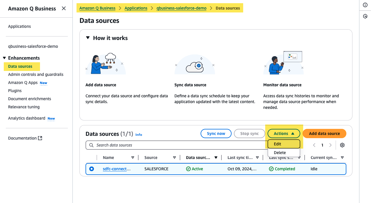 Amazon Q Edit Data sources