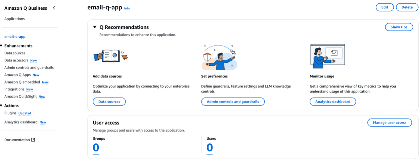 Amazon Q manage users screen