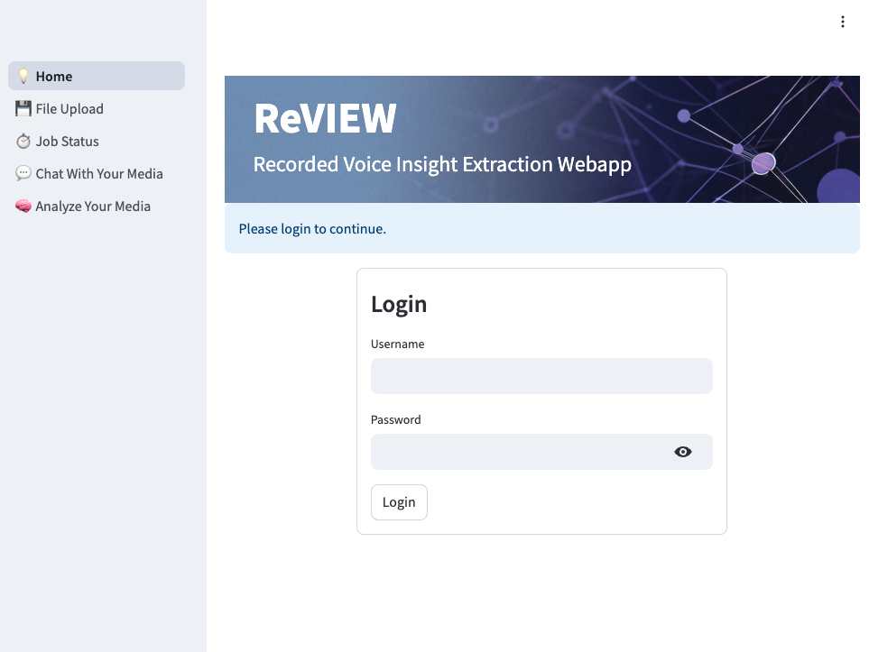 Screenshot of ReVIEW application login page.