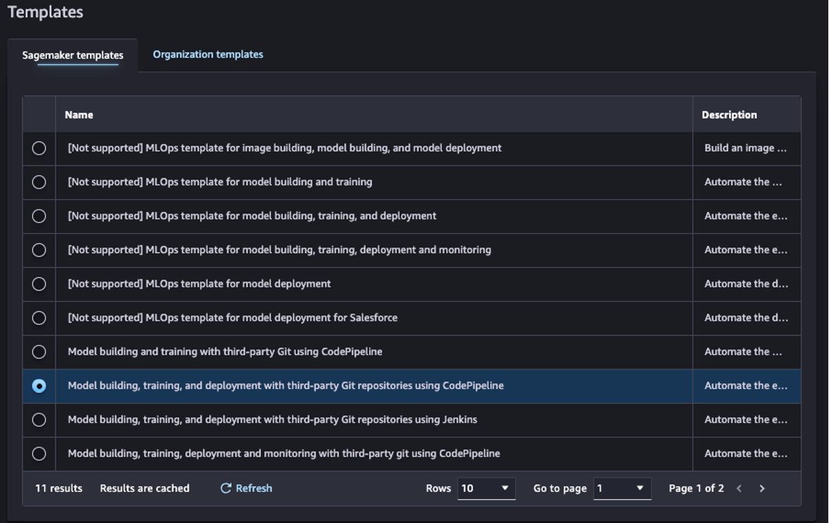 On the projects page, you can launch a preconfigured SageMaker MLOps template.