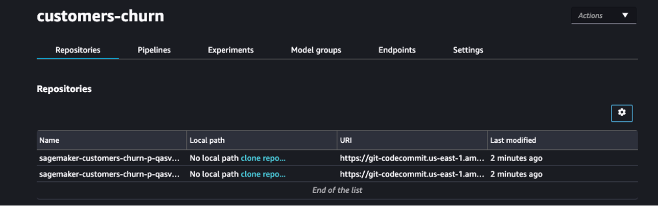 On the Repositories tab, you can select the hyperlinks to locally clone the CodeCommit repos.