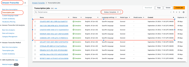 You can review the status of the Amazon Transcribe jobs on the Amazon Transcribe console.