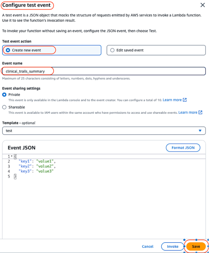 If the console prompts you to create a new test event, do so with default or no input to the test event.