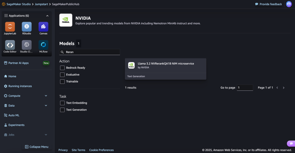NeMo Retriever text embedding and reranking microservices available on SageMaker JumpStart.