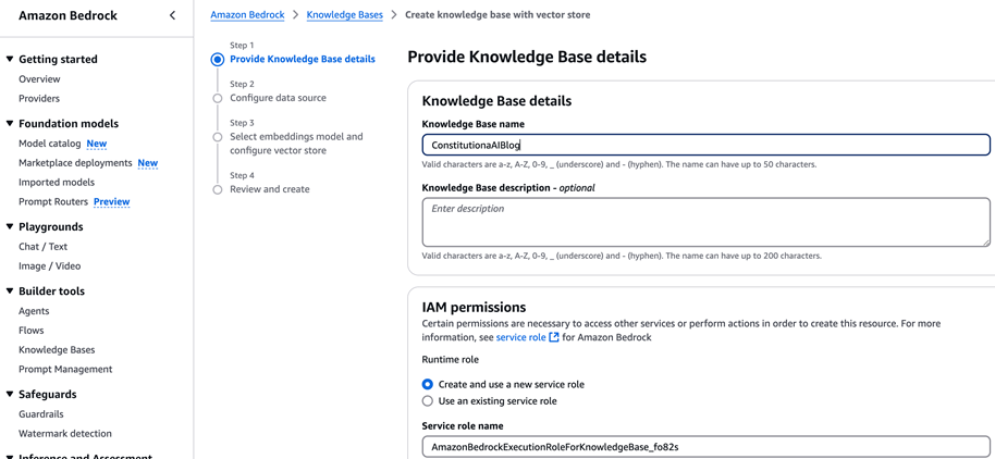 Provide Knowledge Base details in the Amazon Bedrock console. 