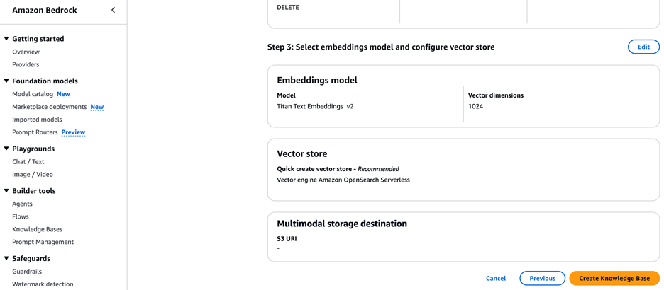 Create Knowledge Base in the Amazon Bedrock console.