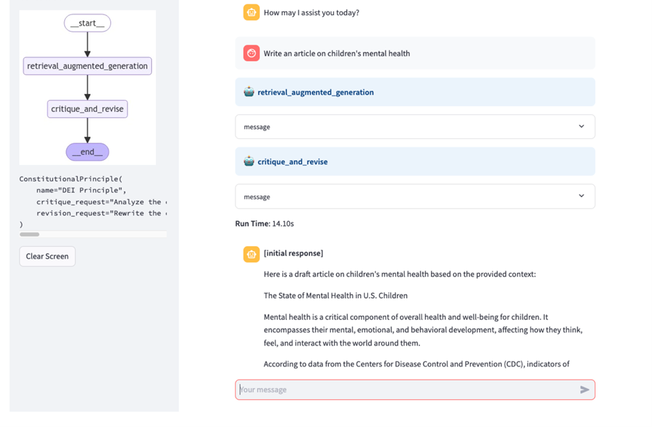 Chat interface showing the RAG and critique and revise steps.