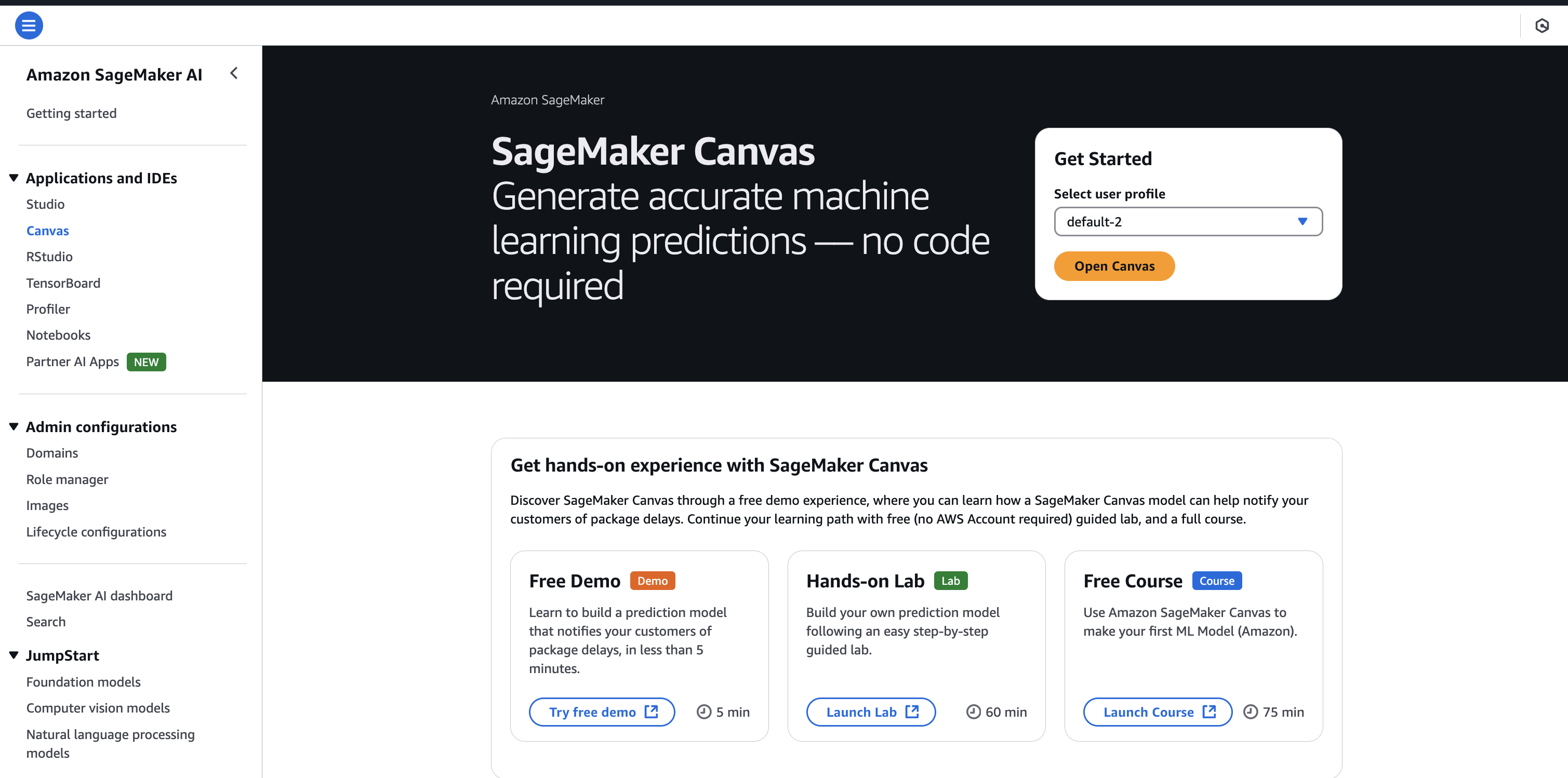 SageMaker Canvas homepage