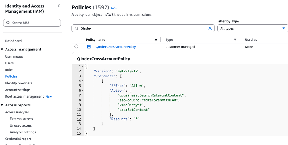 IAM role setup for Q index
