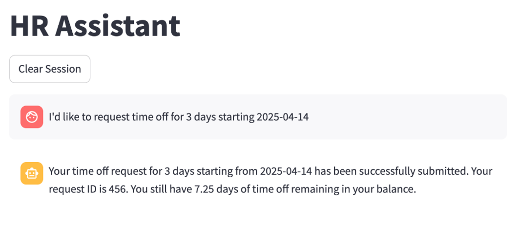 HR Assistant interface screenshot showing successful submission of time off request with ID 456 and remaining balance of 7.25 days.