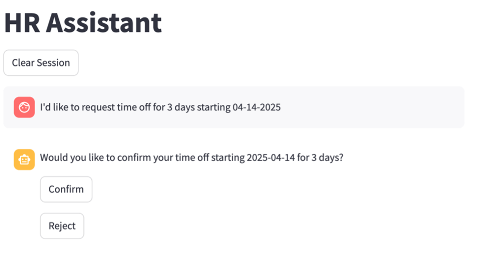 HR Assistant interface screenshot showing confirmation dialog with Confirm and Reject buttons for a 3-day time off request.