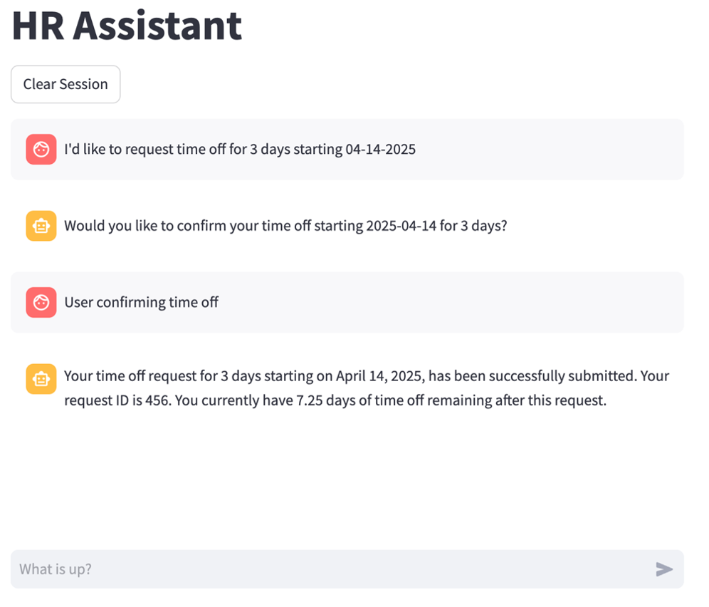 HR Assistant interface screenshot showing dialog after user confirmed time off.