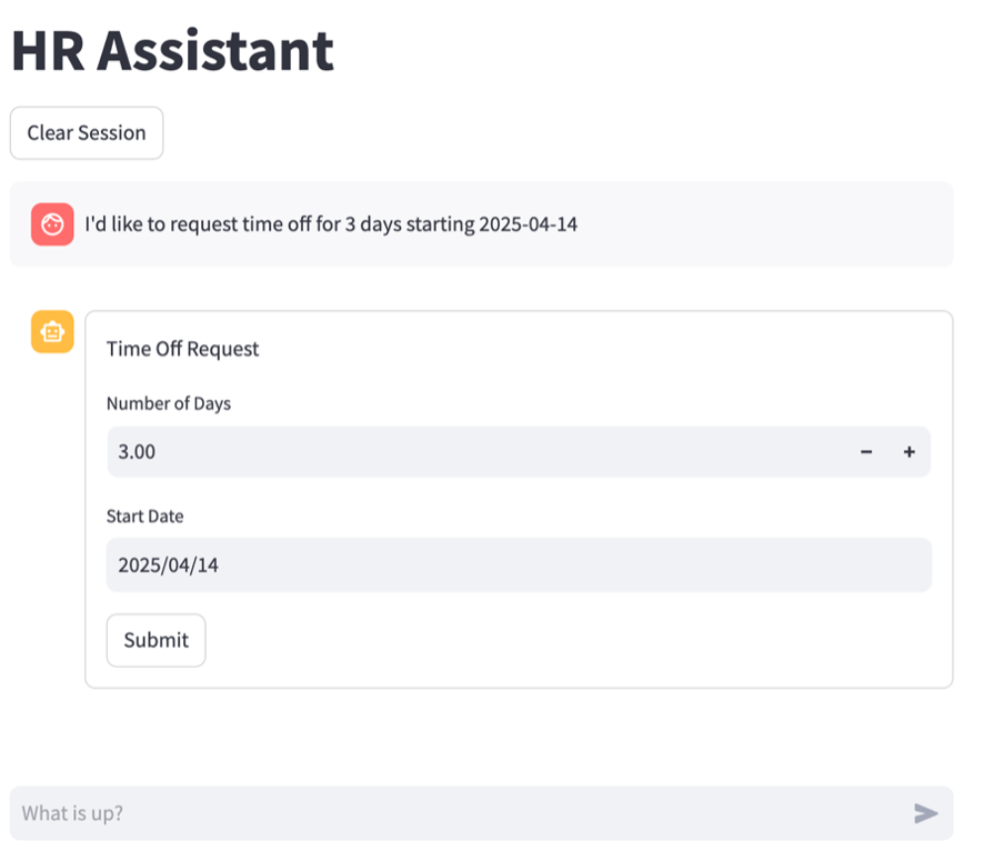 Screenshot of HR Assistant interface with a time off request form showing fields for number of days (3.00) and start date (2025/04/14) with a submit button.