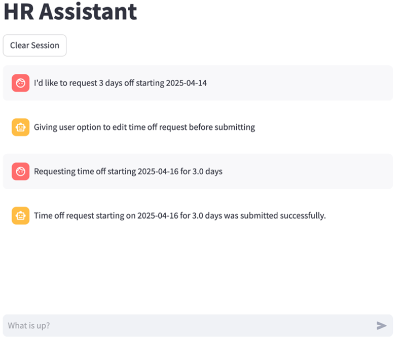 Screenshot of HR Assistant interface showing a conversation about requesting 3 days off starting 2025-04-14, with system responses confirming the request steps.