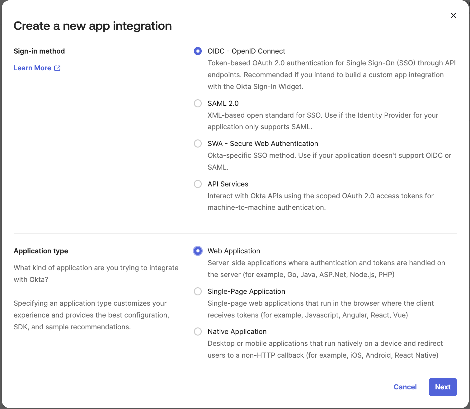 Create new app integration