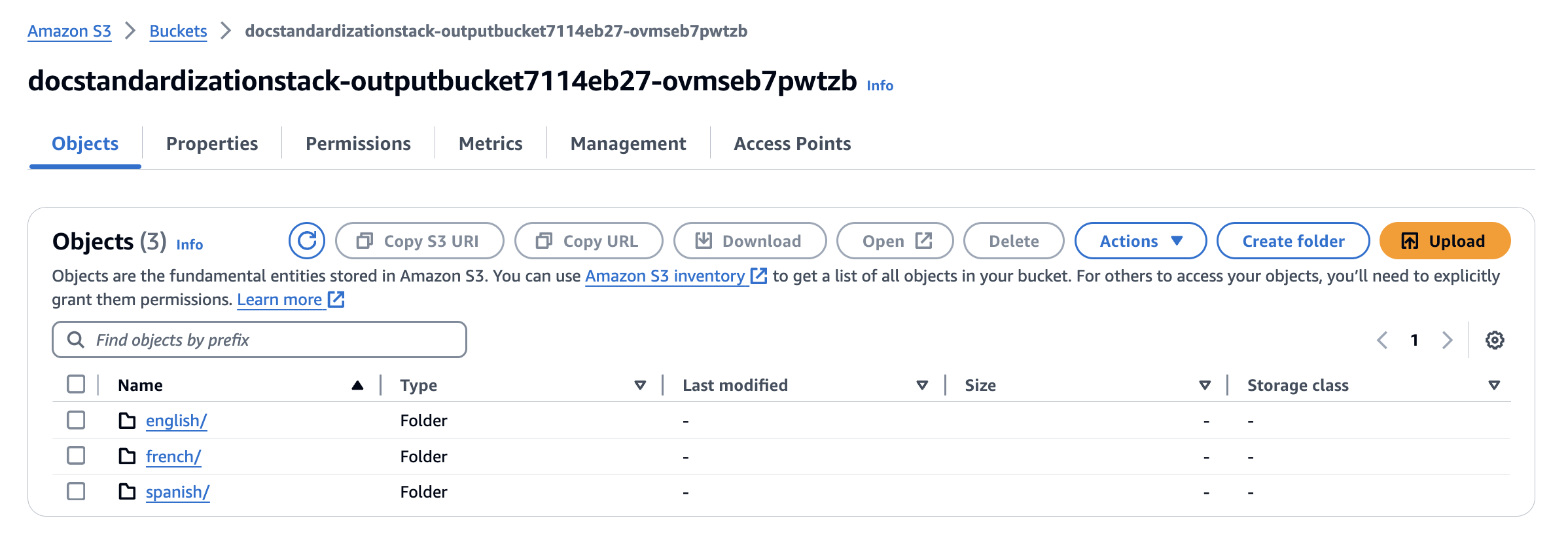 Folders in the output bucket