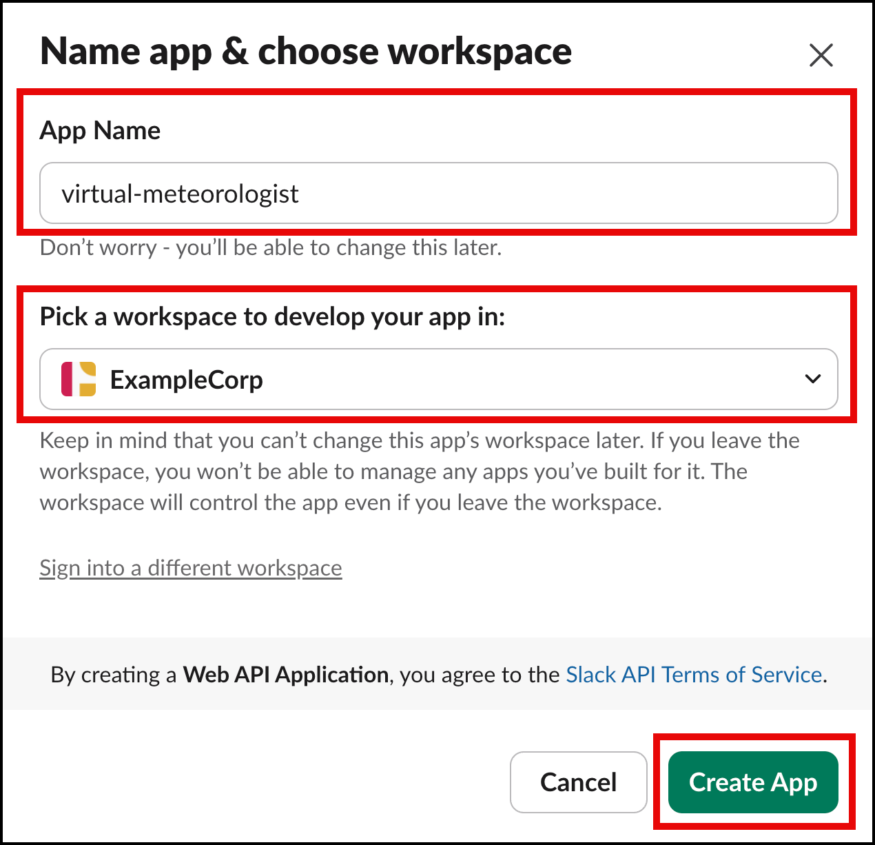 Name app and choose workspace