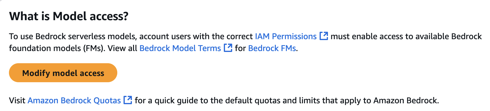 Amazon Bedrock model access explanation with permissions, terms, and quota link for foundation models